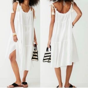 J. Crew White Midi Dress Cover Up Cotton Gauze Tiered Rope Tie XXS/XS Oversized
